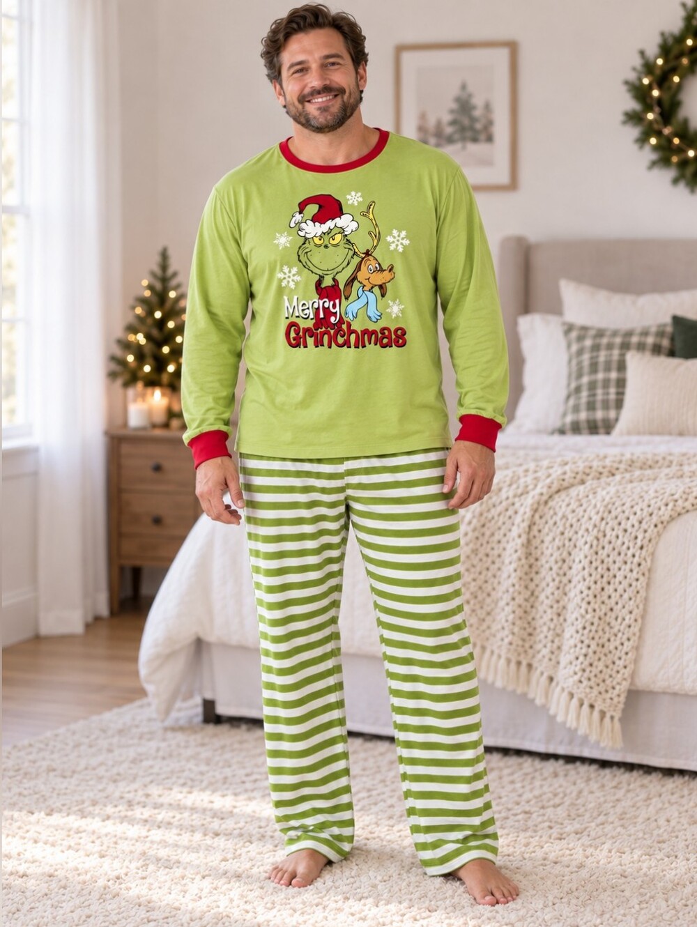 Men’s Grinch Merry Grinchmas Pajama Set XL Striped Pants Christmas PJs